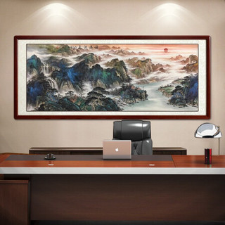 尚得堂手绘国画源远流长山水画风水靠山客厅沙发背景墙挂画办公室装饰画字画水墨画 沙比利实木框-圆角原木色-发顺丰 装裱218*118