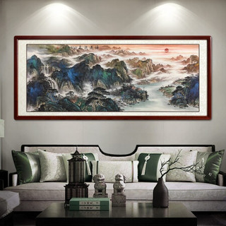 尚得堂手绘国画源远流长山水画风水靠山客厅沙发背景墙挂画办公室装饰画字画水墨画 沙比利实木框-圆角原木色-发顺丰 装裱218*118