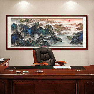 尚得堂手绘国画源远流长山水画风水靠山客厅沙发背景墙挂画办公室装饰画字画水墨画 沙比利实木框-圆角原木色-发顺丰 装裱218*118