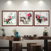 尚得堂手绘国画名家花鸟客厅三联画装饰画玄关挂画书房壁画沙发背景卧室中式墙画水墨画壁画 牡丹三联画-实木框发顺丰 装裱50*50