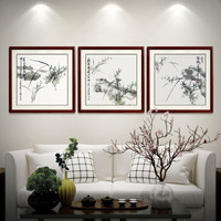 尚得堂手绘国画名家花鸟客厅三联画装饰画玄关挂画书房壁画沙发背景卧室中式墙画水墨画壁画 兰花三联画-实木框发顺丰 装裱85*85