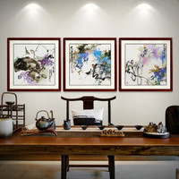 尚得堂手绘国画名家花鸟客厅三联画装饰画玄关挂画书房壁画沙发背景卧室中式墙画水墨画壁画 紫藤三联画-实木框发顺丰 装裱85*85