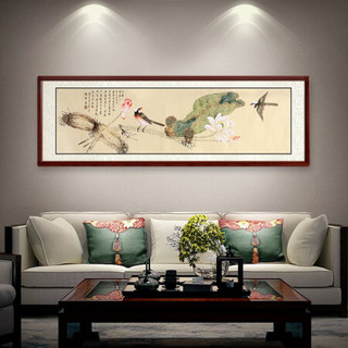 尚得堂手绘国画工笔画荷花卧室床头挂画客厅装饰画横幅壁画 爱莲说 沙比利实木框-直角原木色-发顺丰 定制尺寸请联系客服-发顺丰