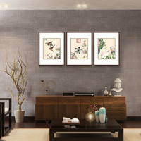 弘舍 新中式客厅装饰画三联中式餐厅挂画有框卧室床头画壁画花卉国画 郎世宁 春意满堂 田园柚木 成品尺寸 宽50*高60cm*3