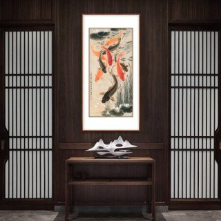 弘舍 新中式玄关装饰画走廊过道挂画竖版餐厅壁画 九鱼图 雅致胡桃 成品尺寸 ：高153*宽80cm