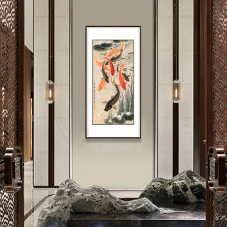 弘舍 新中式玄关装饰画走廊过道挂画竖版餐厅壁画 九鱼图 雅致胡桃 成品尺寸 ：高153*宽80cm