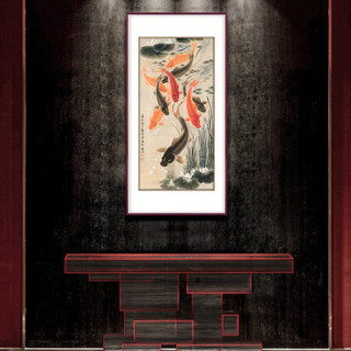 弘舍 新中式玄关装饰画走廊过道挂画竖版餐厅壁画 九鱼图 雅致胡桃 成品尺寸 ：高153*宽80cm