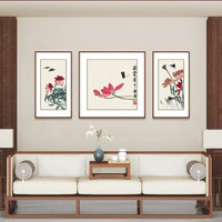 弘舍 新中式客厅装饰画沙发背景墙三联挂画中堂壁画荷花国画字画 齐白石 荷气生财 田园柚木 成品组合尺寸: 宽200*高80cm*3