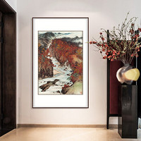 弘舍 新中式玄关装饰画山水画走廊过道壁画客厅挂画竖版办公室国画字画 关山月 秋溪放筏 雅致胡桃 成品尺寸：高115*宽80cm