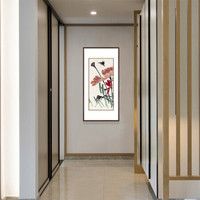 弘舍 新中式玄关装饰画走廊挂画过道竖版壁画  齐白石 荷塘春色 雅致胡桃 成品尺寸：高125*宽65cm