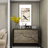 弘舍  新中式玄关装饰画书房挂画餐厅壁画有框版画国画 徐悲鸿-双喜图 田园柚木 成品尺寸：高92*宽60cm