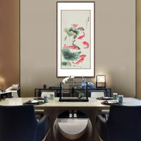 弘舍 中式玄关装饰画走廊挂画过道竖版壁画餐厅墙画 九鱼图 田园柚木 成品尺寸 宽85*高160cm