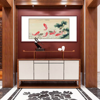 弘舍 新中式客厅装饰画餐厅挂画卧室壁画手绘九鱼图 田园柚木 成品尺寸 宽160*高85cm