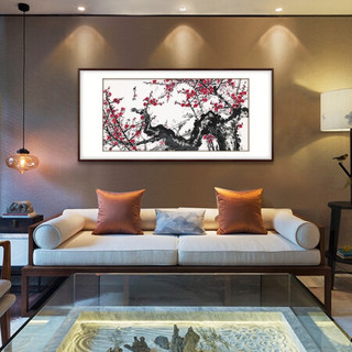 弘舍 新中式客厅装饰画书房挂画办公室壁画原作版画 关山月  红梅盛开 典雅紅褐 成品尺寸： 宽:197*高100cm