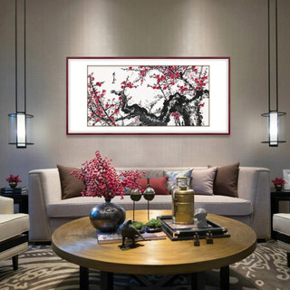 弘舍 新中式客厅装饰画书房挂画办公室壁画原作版画 关山月  红梅盛开 典雅紅褐 成品尺寸： 宽:197*高100cm