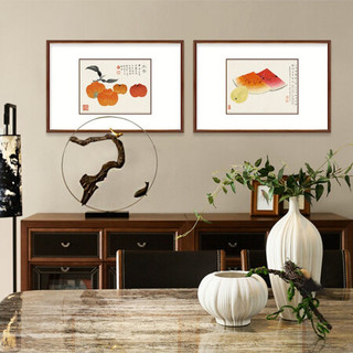 弘舍 新中式餐厅装饰画三联挂画水果画多联书房国壁画原作版画  丁辅之 果品图 田园柚木《丑橘》 成品尺寸 宽70*高50cm