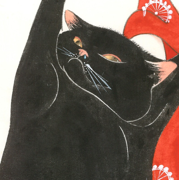 artmorn墨斗鱼艺术朱婉莹原创卡通猫咪老虎水墨画得意忘形2942cm宣纸