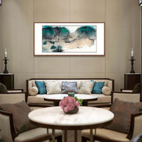 弘舍 新中式客厅装饰画山水画沙发背景墙挂画原作版画 张大千 江村晚归 田园柚木 成品尺寸 宽195*高98cm