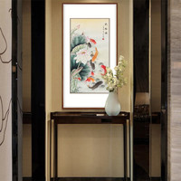 弘舍  新中式玄关装饰画走廊过道挂画竖版餐厅壁画国画字画 九鱼图 典雅紅褐 成品尺寸 高125*宽70cm