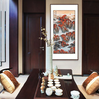 弘舍 新中式玄关装饰画山水画挂画壁画国画 鸿运高照 田园柚木 成品尺寸 高170*宽90cm