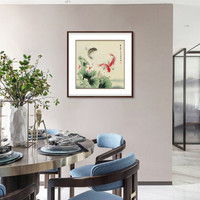 弘舍  新中式餐厅装饰画卧室挂画玄关壁画国画鱼 典雅红褐《年年有余》 成品尺寸 宽75*高75cm