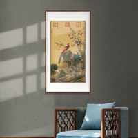 弘舍 新中式玄关装饰画走廊过道挂画花鸟画壁画 郎世宁 锦春图 典雅紅褐 成品尺寸 宽78*高133cm