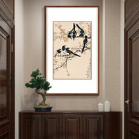 弘舍  新中式玄关装饰画走廊过道挂画竖版壁画原作版画  徐悲鸿 七喜图 典雅紅褐 成品尺寸 宽50*高75cm