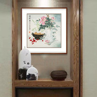 弘舍  新中式餐厅装饰画卧室挂画床头画壁画  富贵图 田园柚木  《富贵图》 成品尺寸 宽75*高75cm