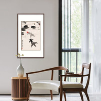 弘舍  新中式玄关装饰画走廊过道挂画壁画国画原作版画   吴作人  鱼乐图 雅致胡桃 成品尺寸 宽70*高106cm