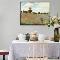 弘舍  现代简约餐厅装饰画风景油画北欧卧室挂画玄关壁画 莫奈 亚嘉杜的罂粟花田 闪耀金 成品尺寸 宽82*高63cm