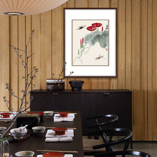 弘舍  新中式客厅装饰画餐厅挂画卧室壁画原作版画 齐白石 可惜无声 田园柚木《牵牛蚱蜢》 成品尺寸： 高80*宽60cm