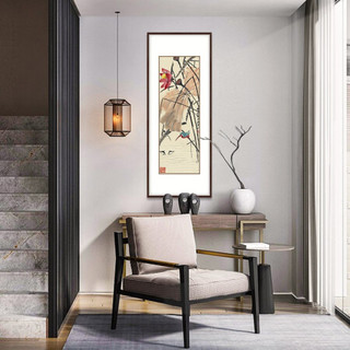 弘舍 新中式玄关装饰画走廊挂画过道壁画原作版画 齐白石 荷花翠鸟 田园柚木 成品尺寸 高130*宽55cm