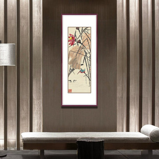 弘舍 新中式玄关装饰画走廊挂画过道壁画原作版画 齐白石 荷花翠鸟 田园柚木 成品尺寸 高130*宽55cm