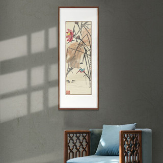 弘舍 新中式玄关装饰画走廊挂画过道壁画原作版画 齐白石 荷花翠鸟 田园柚木 成品尺寸 高130*宽55cm