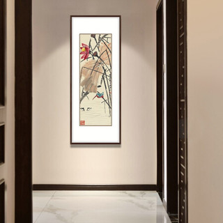 弘舍 新中式玄关装饰画走廊挂画过道壁画原作版画 齐白石 荷花翠鸟 田园柚木 成品尺寸 高130*宽55cm