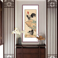 弘舍 新中式玄关装饰画走廊挂画过道壁画竖版原作版画 徐悲鸿 鸡 田园柚木 成品尺寸 高125*宽60cm