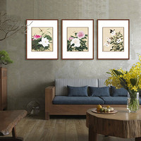 弘舍 新中式中式客厅装饰画沙发背景墙挂画三联餐厅壁画原作版画 余穉-花开锦绣 田园柚木《荷花、牡丹、百合》 成品尺寸 高75*宽60cm