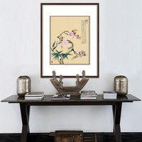 弘舍 新中式客厅装饰画沙发背景墙三联挂画餐厅壁画原作版画 邹一桂 花卉图册 雅致胡桃《竹子桃花》 成品尺寸 高65*宽50cm