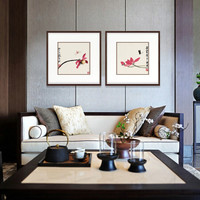 弘舍 新中式装饰卧室装饰画餐厅挂画国画双联壁画原作版画 齐白石 蜻蜓荷花 雅致胡桃《红荷》 成品尺寸 宽55*高55cm