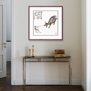 新中式玄关装饰画书房挂画禅意壁画字画   犟牛图 田园柚木 成品尺寸 宽88*高88cm