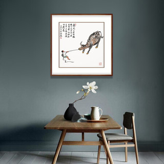 新中式玄关装饰画书房挂画禅意壁画字画   犟牛图 田园柚木 成品尺寸 宽88*高88cm