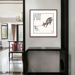 新中式玄关装饰画书房挂画禅意壁画字画   犟牛图 田园柚木 成品尺寸 宽88*高88cm