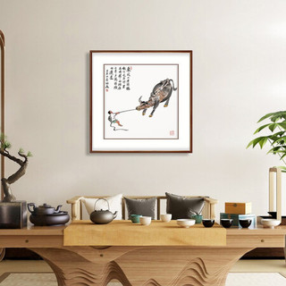 新中式玄关装饰画书房挂画禅意壁画字画   犟牛图 田园柚木 成品尺寸 宽88*高88cm