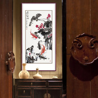 弘舍  新中式玄关装饰画餐厅挂画走廊过道竖版壁画字画  连年有余 田园柚木 成品尺寸 高170*宽90cm