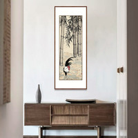 弘舍 新中式玄关装饰画走廊挂画过道壁画字画原作版画 徐悲鸿 竹鸡图 雅致胡桃 成品尺寸：高170*宽70cm