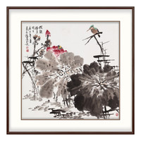弘舍 新中式客厅装饰画餐厅挂画卧室壁画国画  王占海 荷塘清韵 《荷韵禅真》雅致胡桃 成品尺寸 宽88*高88cm
