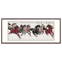 弘舍 国画八骏图客厅沙发背景墙壁画马到成功办公室装饰挂画 闻朝 天地鸿运 八骏呈祥 田园柚木 成品尺寸 宽240*高105cm
