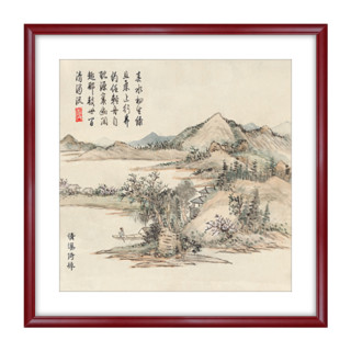 艺满堂 客厅装饰画山水画玄关走廊挂画餐厅装饰画办公室壁画尺寸可定制 A款 清溪倚棹 柚木色实木镜框85*85厘米