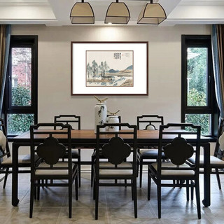 弘舍 新中式客厅装饰画沙发背景墙三联挂画山水画国画字画原作版画 齐白石 二十四景 典雅红褐《曲沼荷风图》 成品尺寸 宽75*高55cm