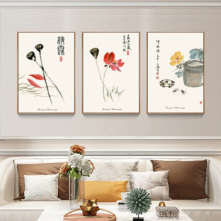 客厅装饰画新中式沙发背景墙画装饰客厅挂画壁画三联玄关画卧室电表箱装饰画布艺画 墨韵白露 40*60cm原木色框（2.8米以下沙发建议尺寸）
